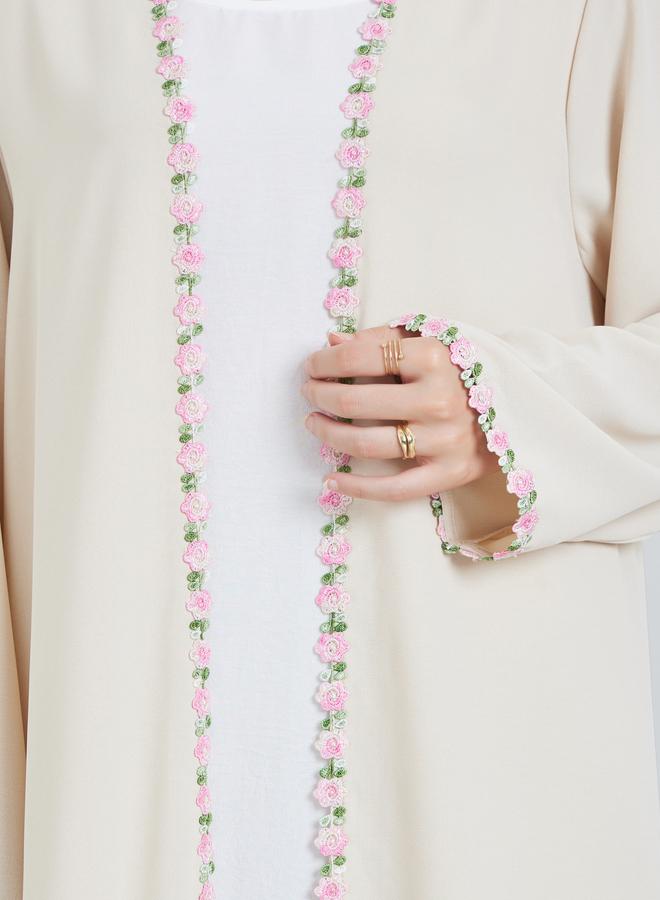 Amirah Cream Front Open Abaya with Floral Trim - Image 4