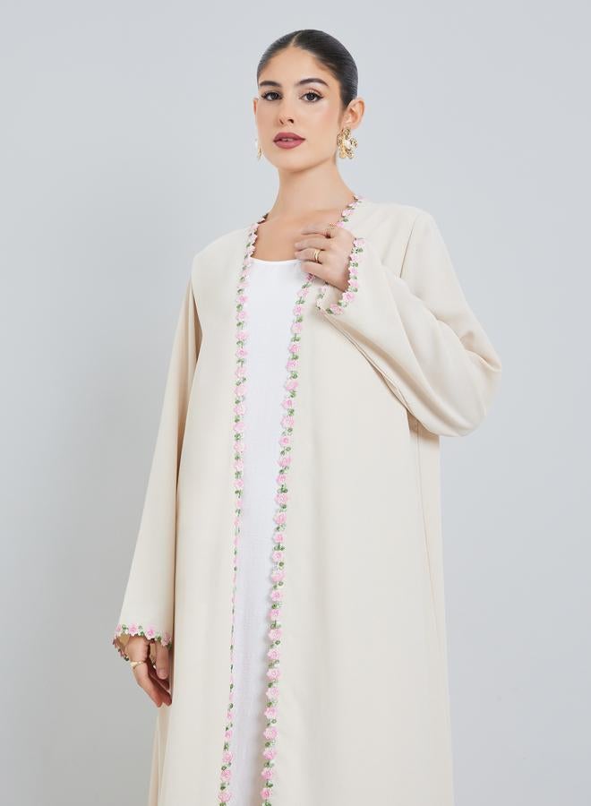 Amirah Cream Front Open Abaya with Floral Trim - Image 2