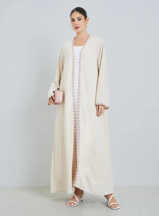 Cream Front Open Abaya with Floral Trim