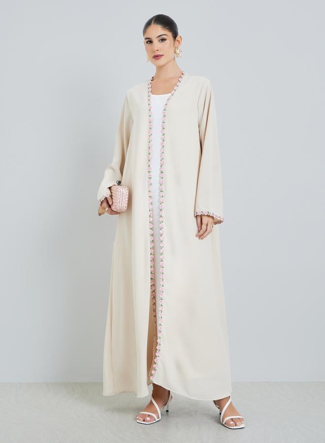 Amirah Cream Front Open Abaya with Floral Trim - Image 1