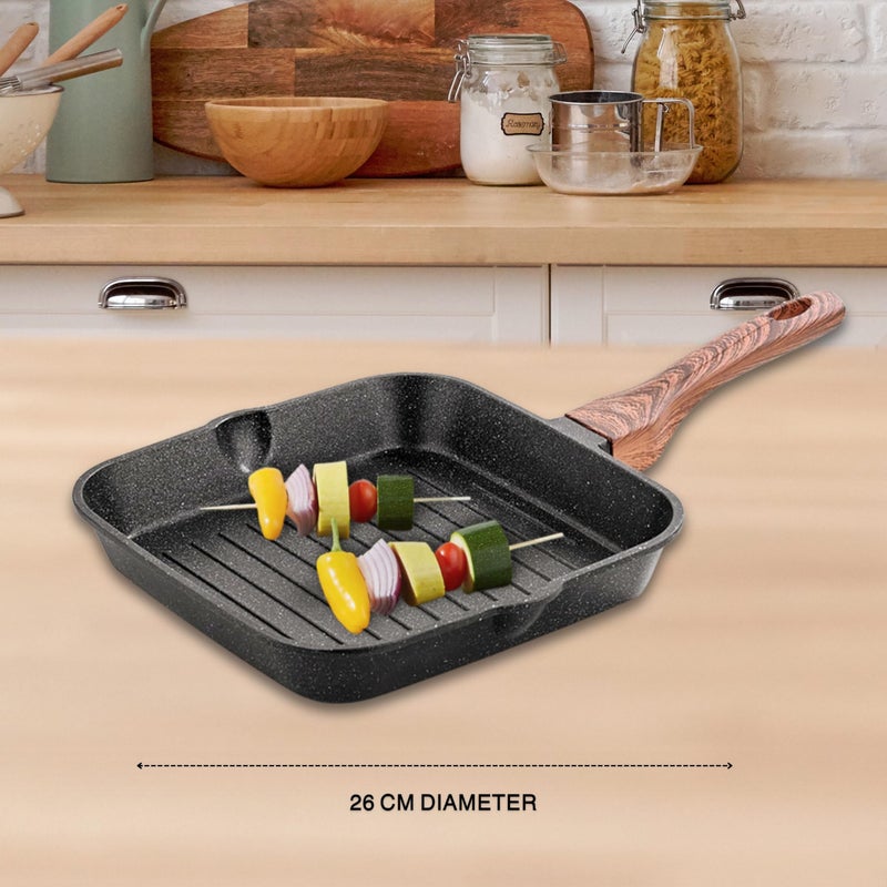 TIAARA TIAARA Grill Pan 26 cm - Barbeque & Tandoori Masterpiece | 5mm Thick | 5-Layer Non-Stick Coating | Wooden Finish Handle  - Image 2