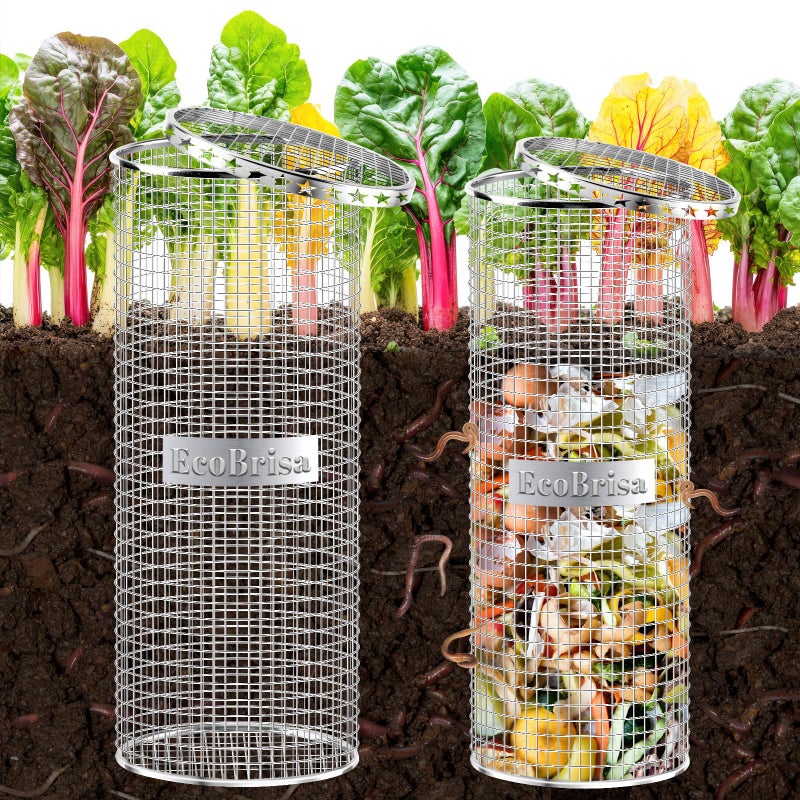 EcoBrisa 2pack Underground Worm Composting Bin, Metal Compost Bin for Recycling Kitchen Food Waste, Outdoor Worm Compost Bin with Holes and Lid Use in Outdoor Garden Vegetable Patch Backyard - Image 1