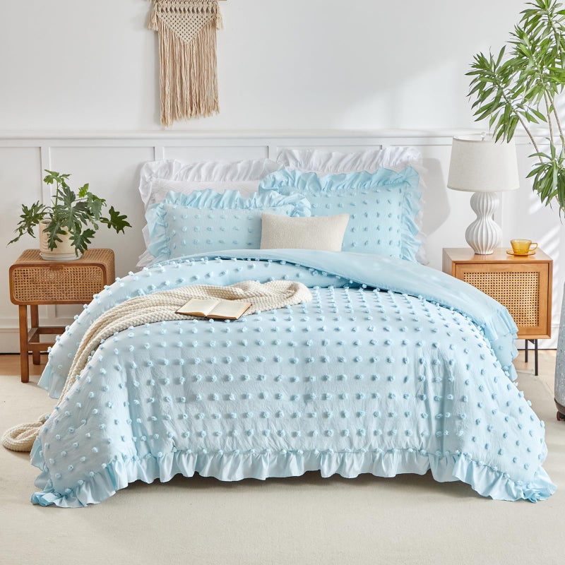 Flysheep Tufted Dots Ruffle Comforter Set Twin Size, 3 Pieces Blue Vintage Farmhouse Shabby Chic Comforters, Jacquard Boho Bohemian Bedding Set for Kids (1 Ruffled Comforter+ 2 Pillow Shams) - Image 1