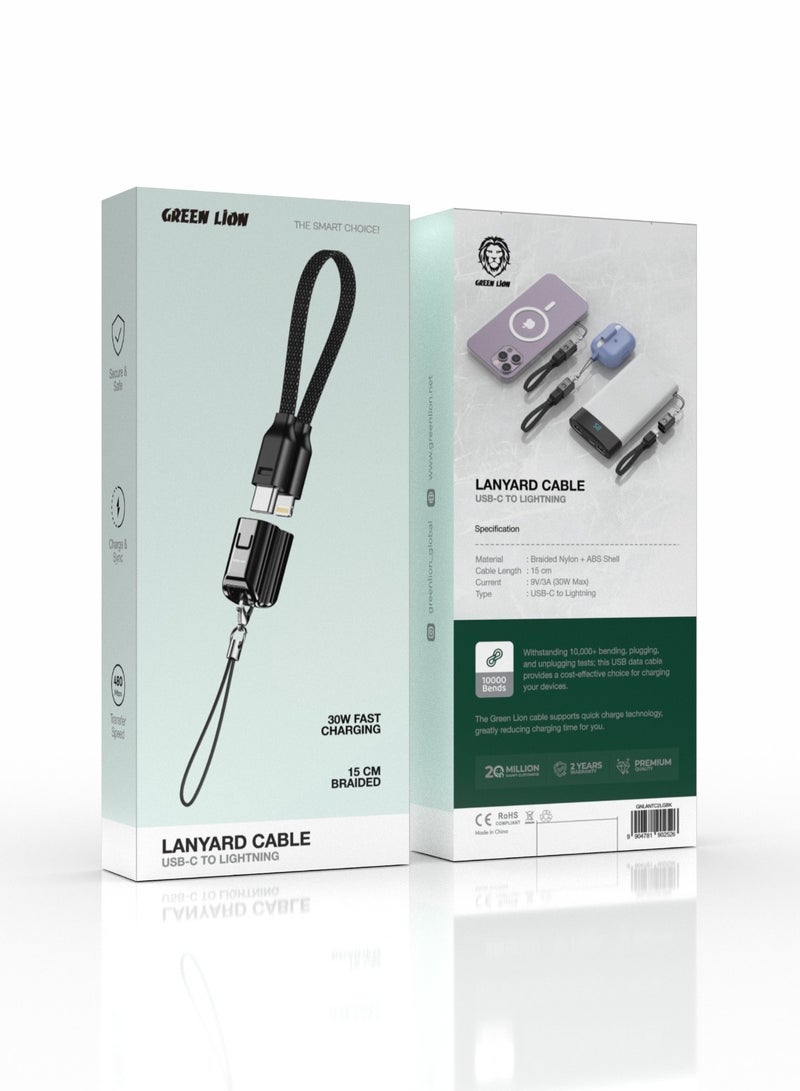 GREEN LION Lanyard Braided USB-C to Lightning Cable 30W / Fast Charging 15cm Cable / 480 Mbps Transfer Speed / Charge & Sync - Black - Image 3