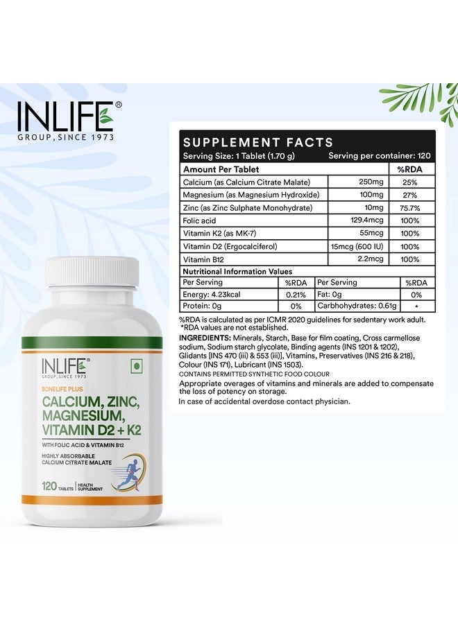 Inlife مكمل INLIFE من الكالسيوم والمغنيسيوم والزنك وفيتامين D B12 | مع K2 وحمض الفوليك | مكمل دعم العظام والمفاصل للنساء والرجال - 120 قرص (عبوة من 1، 120) - Image 2