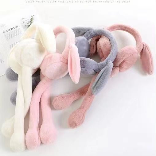 24-year-old trembles with cartoon rabbit ears earmuffs winter warm thick plush Korean version of air bag ears moving earmuffs White [no embroidery airbag rabbit earmuffs]] 