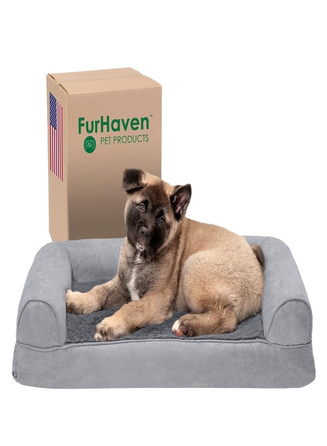 Furhaven Memory Foam Dog Bed for Medium/Small Dogs w/ Removable Bolsters & Washable Cover, For Dogs Up to 35 lbs - Plush & Suede Sofa - Gray, Medium - Image 1