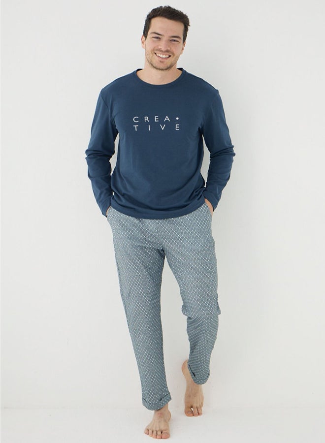 trendyol Petrol Regular/Normal Cut Creative Text Printed Knitted Pajama Set - Image 3