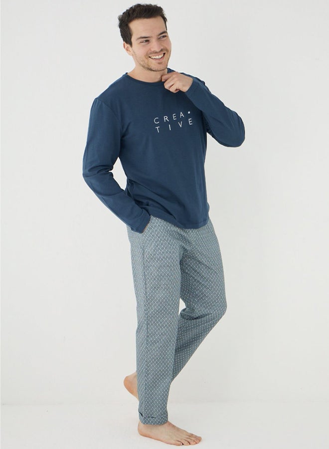 trendyol Petrol Regular/Normal Cut Creative Text Printed Knitted Pajama Set - Image 1