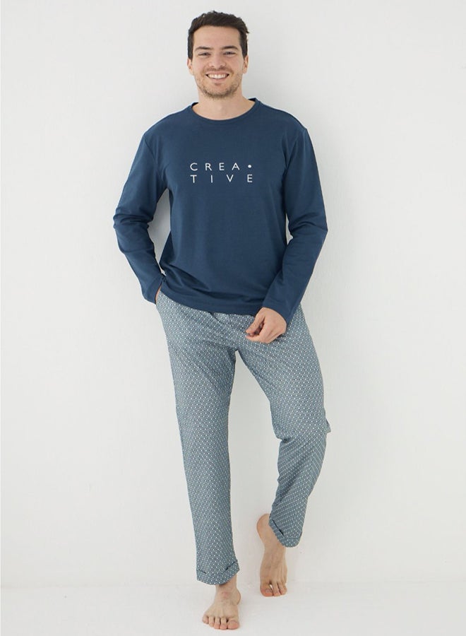 trendyol Petrol Regular/Normal Cut Creative Text Printed Knitted Pajama Set - Image 2