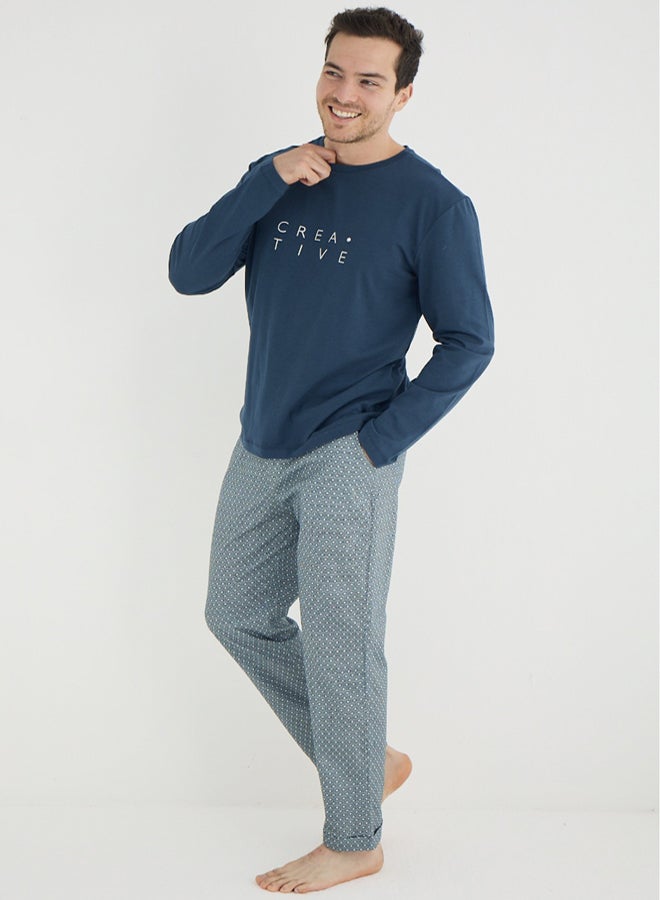 trendyol Petrol Regular/Normal Cut Creative Text Printed Knitted Pajama Set - Image 5