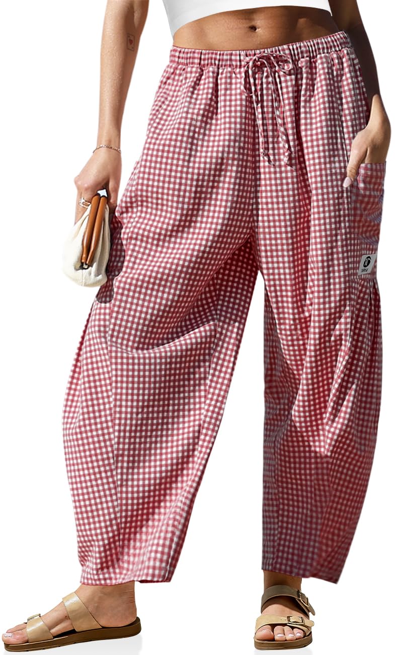 TARSE Womens Linen Wide Leg Striped Pants Casual Barrel Loose Drawstring Low Waist Palazzo Harem Pants with Pockets(RedWhitePlaidWhite,L) - Image 1