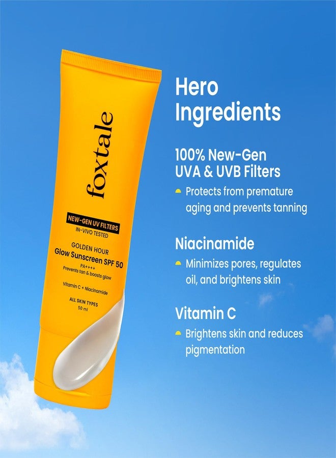 Foxtale Glow Sunscreen SPF 50 PA++++ with Vitamin C & Niacinamide, In-Vivo Tested, Sensitive-Skin Friendly, Made with 100% New-Gen Filters & EU Approved, Lightweight, Non-Greasy, No White Cast 50ml - Image 3