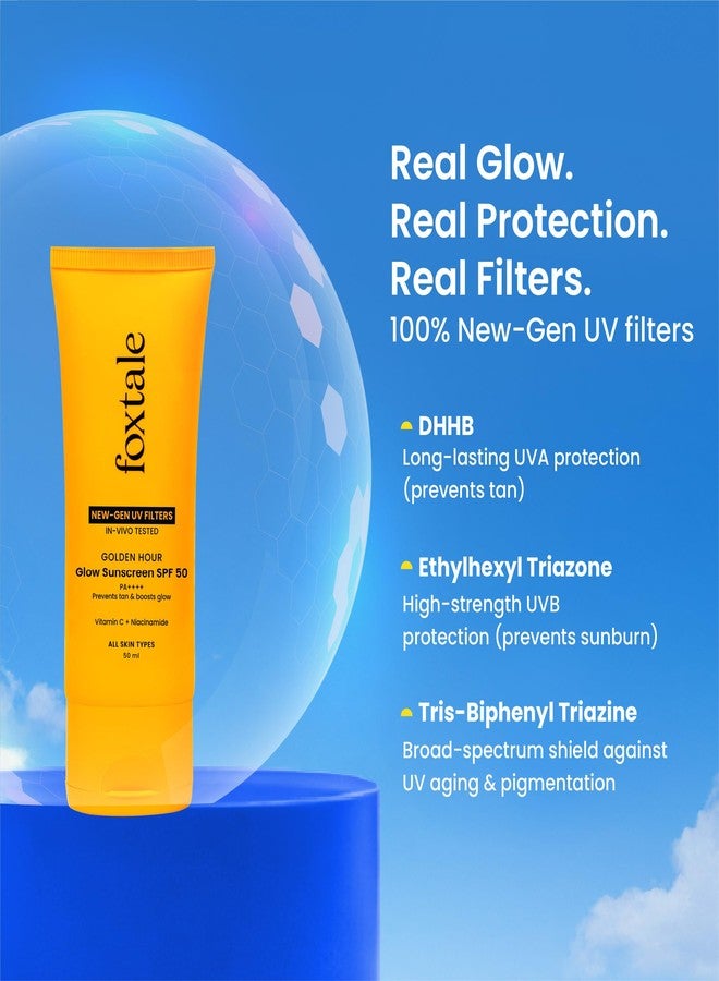 Foxtale Glow Sunscreen SPF 50 PA++++ with Vitamin C & Niacinamide, In-Vivo Tested, Sensitive-Skin Friendly, Made with 100% New-Gen Filters & EU Approved, Lightweight, Non-Greasy, No White Cast 50ml - Image 5