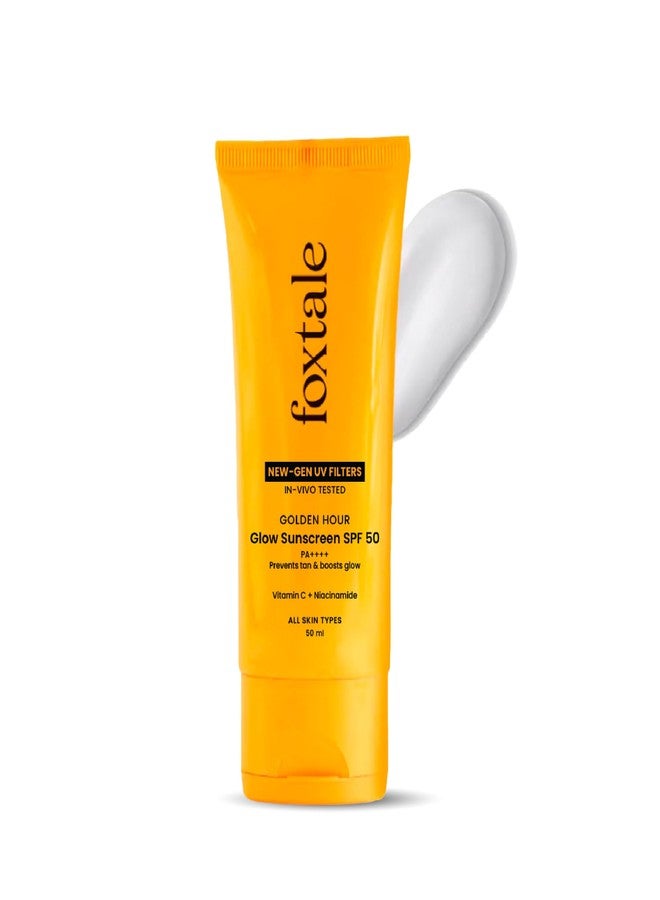 Foxtale Glow Sunscreen SPF 50 PA++++ with Vitamin C & Niacinamide, In-Vivo Tested, Sensitive-Skin Friendly, Made with 100% New-Gen Filters & EU Approved, Lightweight, Non-Greasy, No White Cast 50ml - Image 1
