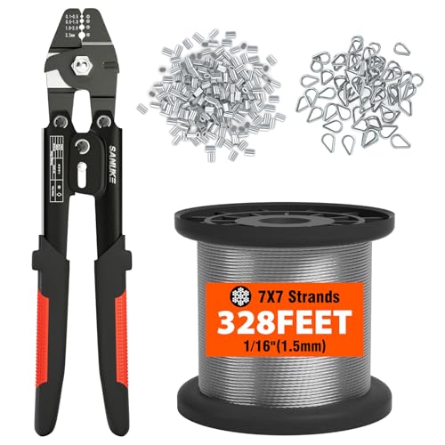 Sanuke Wire Rope Crimp Kit with 328ft Stainless Steel Cable 7x7 Strand Core 1/16'' Aluminum Crimp Loop Sleeves and Wire Rope Stainless Steel Thimble - Image 1