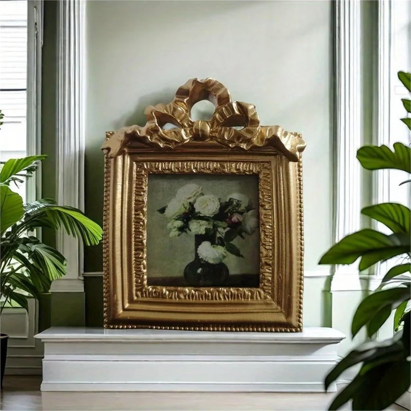 mini gold frames 4pcs Retro Carved Floral Resin Photo Frame Gold Color Square Design For Desktop Display Home Decor - Image 3