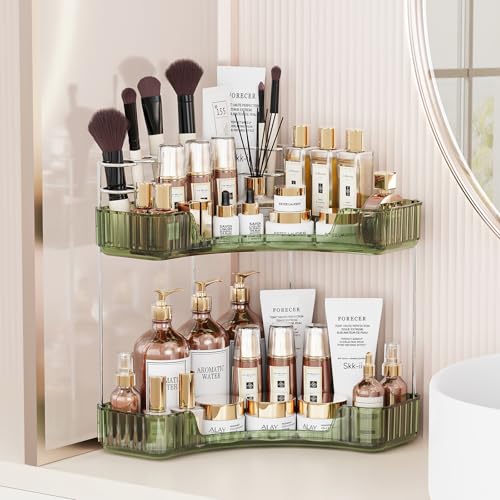 Asayuee 2Tier Corner Bathroom Counter Organizer with Top Toothbrush HoldersLarge Makeup Organizer Countertop with Brush HolderSkincare Organizers CornerExquisite Vanity OrganizerGreen 2 Tier - Image 1