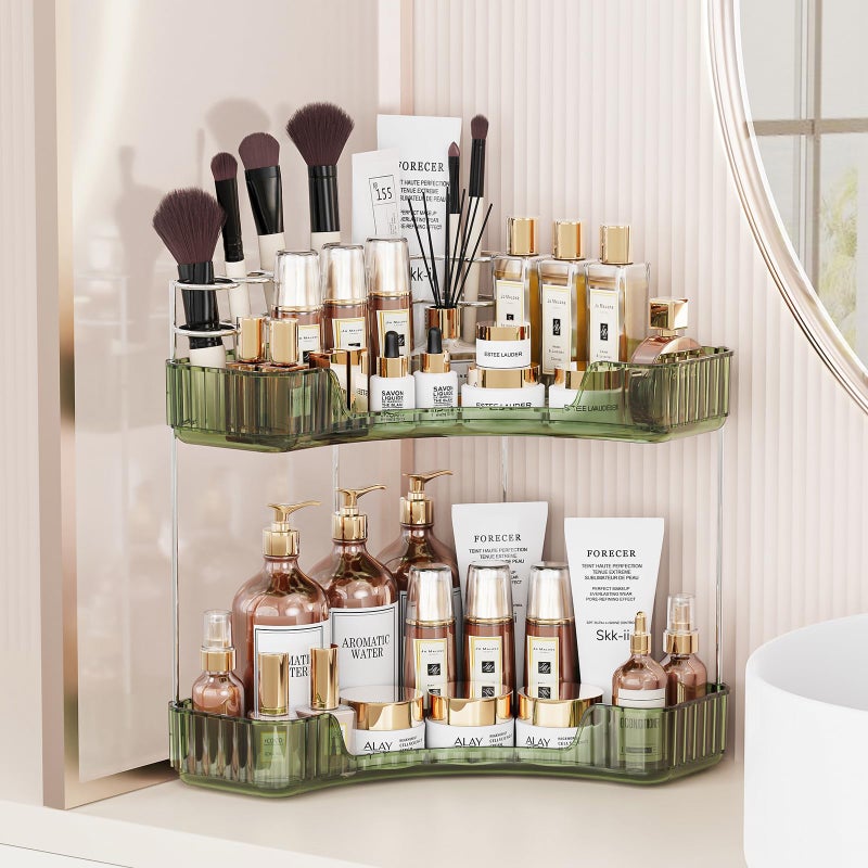 Asayuee 2Tier Corner Bathroom Counter Organizer with Top Toothbrush HoldersLarge Makeup Organizer Countertop with Brush HolderSkincare Organizers CornerExquisite Vanity OrganizerGreen 2 Tier - Image 2