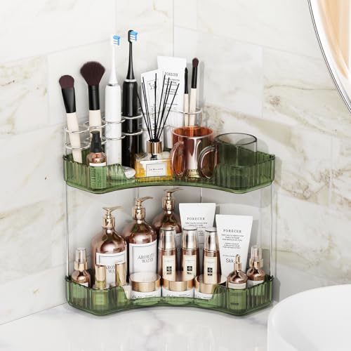 Asayuee 2Tier Corner Bathroom Counter Organizer with Top Toothbrush HoldersLarge Makeup Organizer Countertop with Brush HolderSkincare Organizers CornerExquisite Vanity OrganizerGreen 2 Tier - Image 3