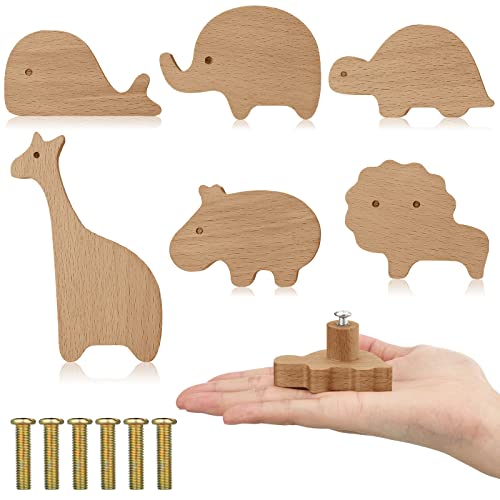 Qunclay 6 Sets Wooden Animal Dresser Knobs Decorative Nursery Wood Drawer Pulls with Screws Furniture Pulls Handles for Nursery Home Bedroom Kitchen Cabinets Hardware Cupboard (Zoo) - Image 1