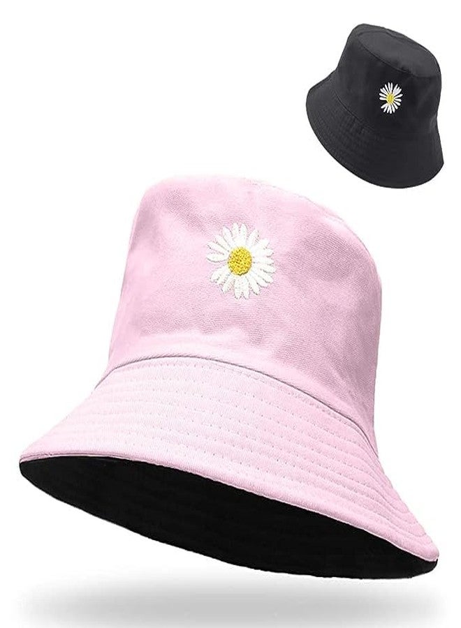 Missby® Unisex Flower Embroidery Reversible Bucket Hat Fishing Summer Travel Beach Sun Hat (Pink) - Image 1