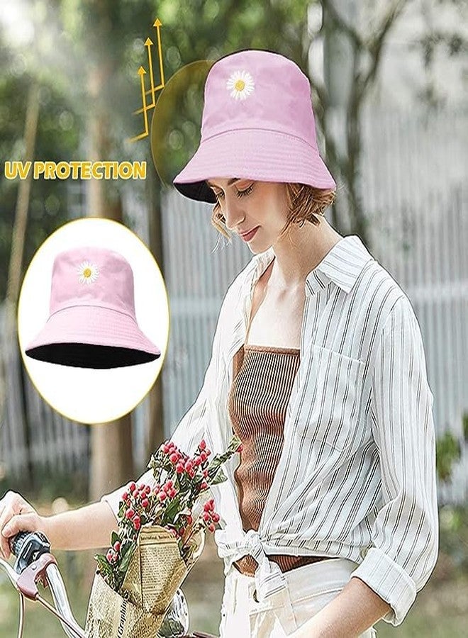 Missby® Unisex Flower Embroidery Reversible Bucket Hat Fishing Summer Travel Beach Sun Hat (Pink) - Image 3