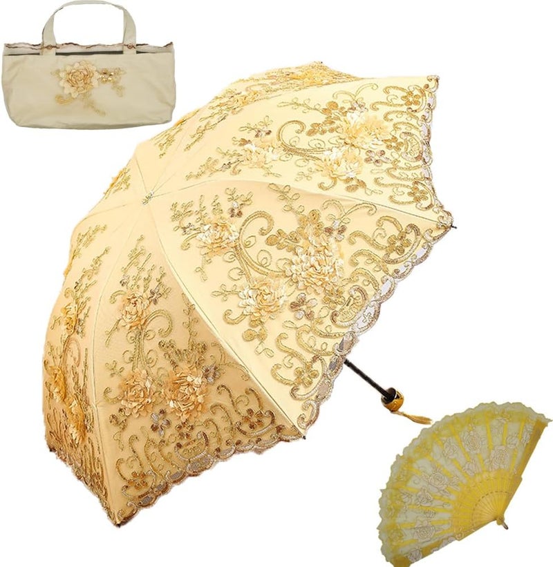 Aikelai Vintage Lace Umbrella, UPF50+ Sun Umbrella, 3D Flower Chinese Embroidery Compact Folding Umbrella for Walking, Wedding, Tea Party,Photo Shooting - Image 1