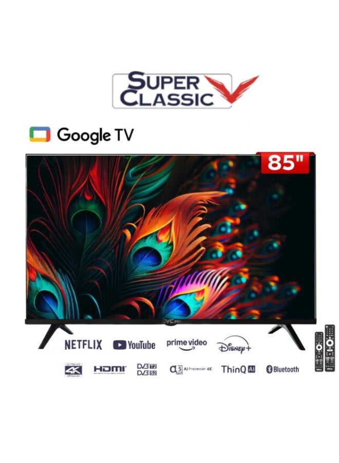 85-inch LED 4K with google operating system, slim smart TV with 2 remote controls | 3 HDMI ports and 2 USB ports, AV mode, headphone jack, PC audio input, VGA | Energy-saving technology, dynamic sound, and Bluetooth 5.2 system SPCTV-85GO black