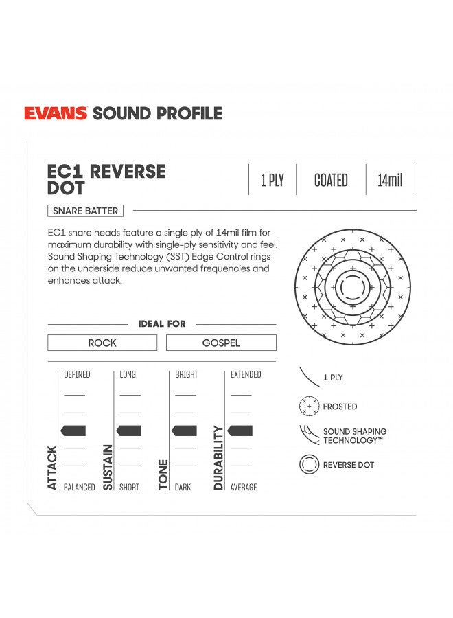 Evans EC Reverse Dot Snare Drum Head - 14 Snare Drum Head - Featuring Reverse Dot for Durability, Focus, Attack - Coated with 2 Plies - 14 Inch - Image 3
