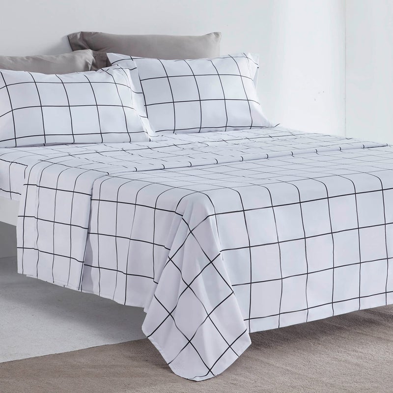 SLEEP ZONE Printed Plaid Queen Size Sheet Set 4 Piece  Double Brushed Microfiber Super Soft Breathable Bedding Sheets with 16 inch Deep Pocket Black Grid Printed on White