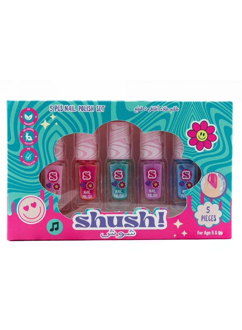 Shush! 5‑Pc Water‑Based Nail Polish Set  – Non‑Toxic, No Parabens, No Phthalates - Age 5+ - Image 1