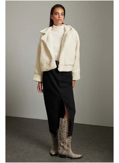 trendyol Ecru Oversize Molded Plush Biker Jacket Coat TWOAW25MO00126  - Image 2