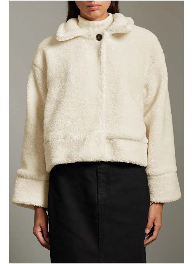 trendyol - Ecru Oversize Molded Plush Biker Jacket Coat TWOAW25MO00126 - Image 1