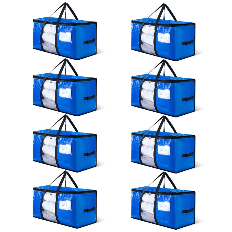 CONGREGATE 8-Pack Heavy Duty Blue Moving Bags with Zippers and Handles, Heavy Duty Storage Handbags, PE Material, Window Design, 97 Liters / 25.6 Gallons (28.7 Inch x 13.7 Inch x 15 Inch) - Image 1