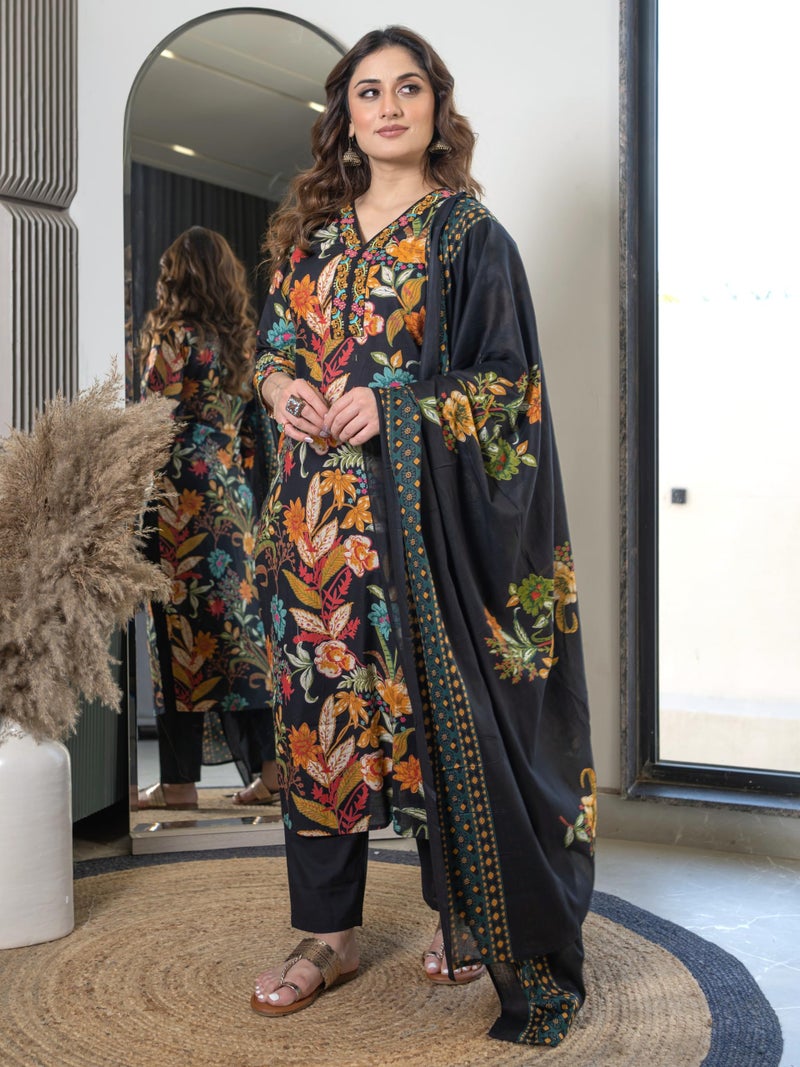 Arayna Women’s Pure Cotton Floral Kurta Set with Pants & Dupatta | Embroidered V-Neck Ethnic Suit, Mystic Black - Large - Image 3