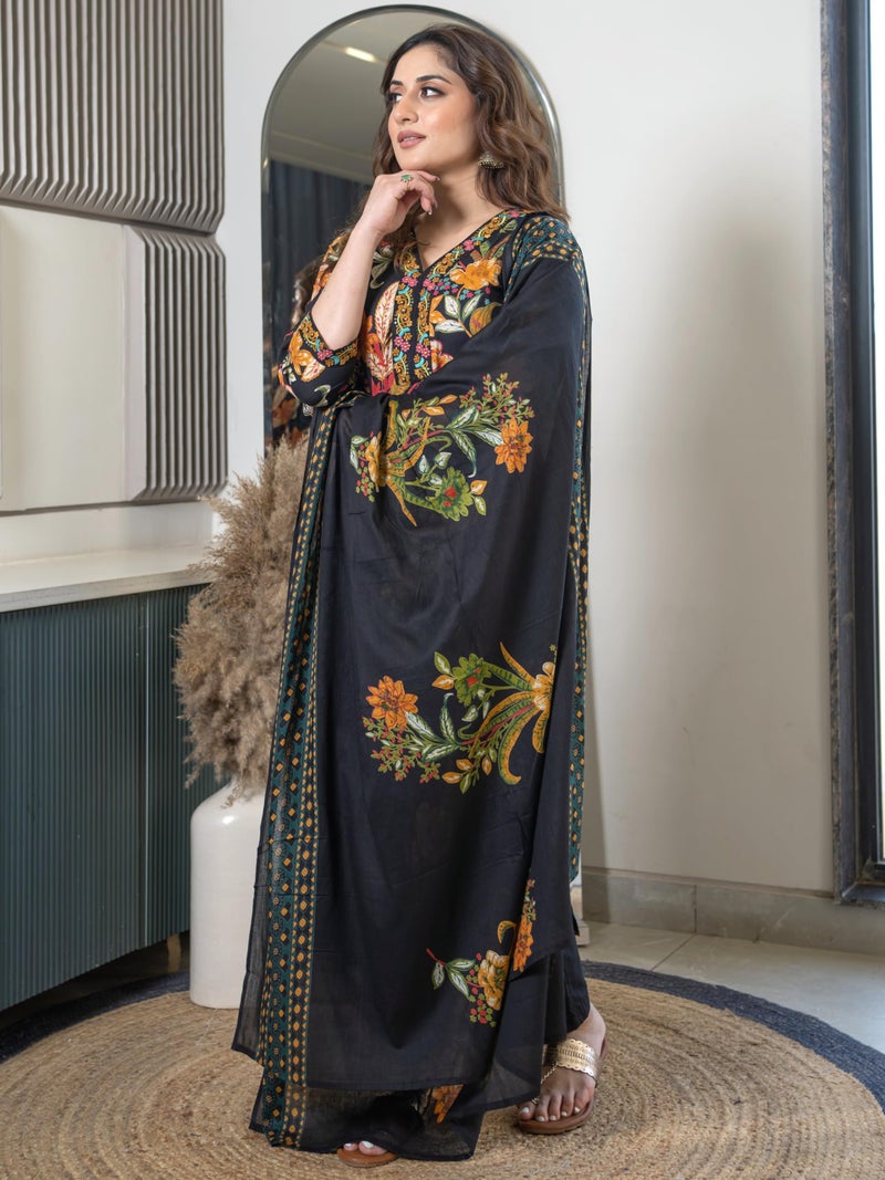 Arayna Women’s Pure Cotton Floral Kurta Set with Pants & Dupatta | Embroidered V-Neck Ethnic Suit, Mystic Black - Large - Image 2