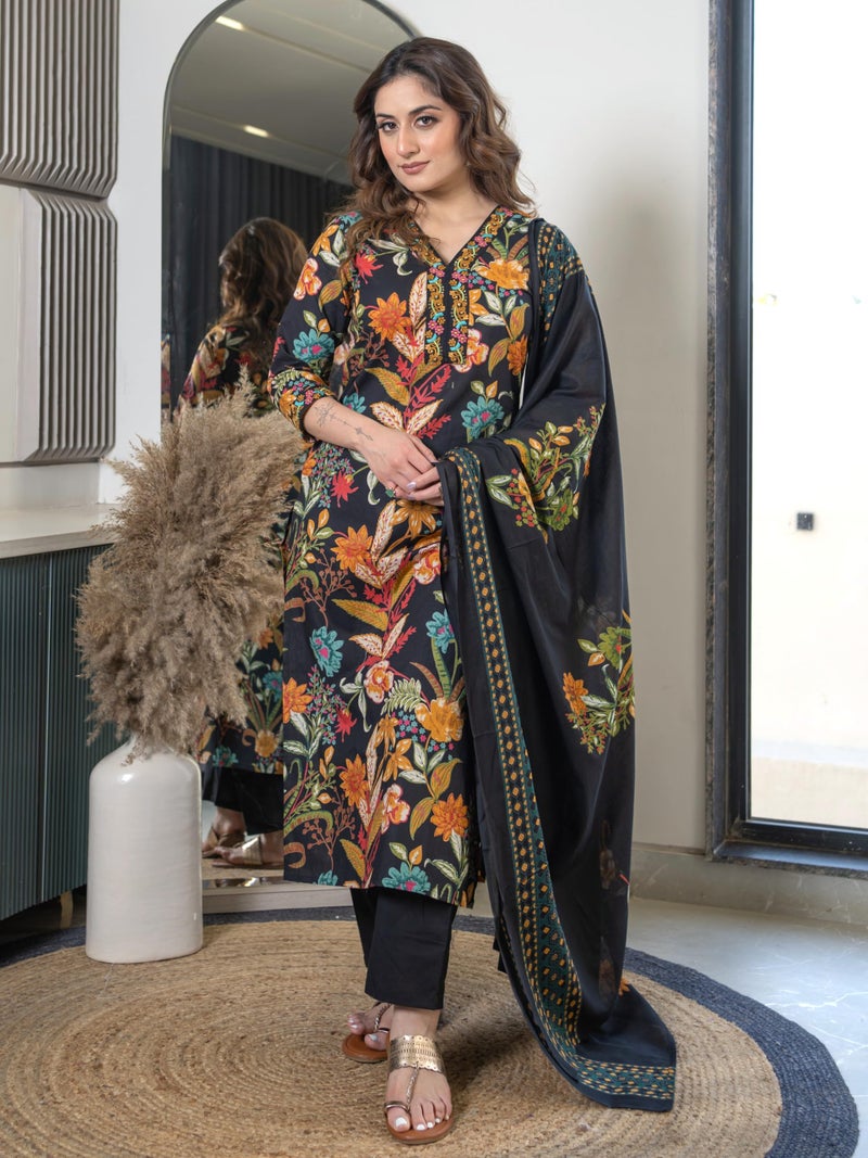 Arayna Women’s Pure Cotton Floral Kurta Set with Pants & Dupatta | Embroidered V-Neck Ethnic Suit, Mystic Black - Large - Image 5
