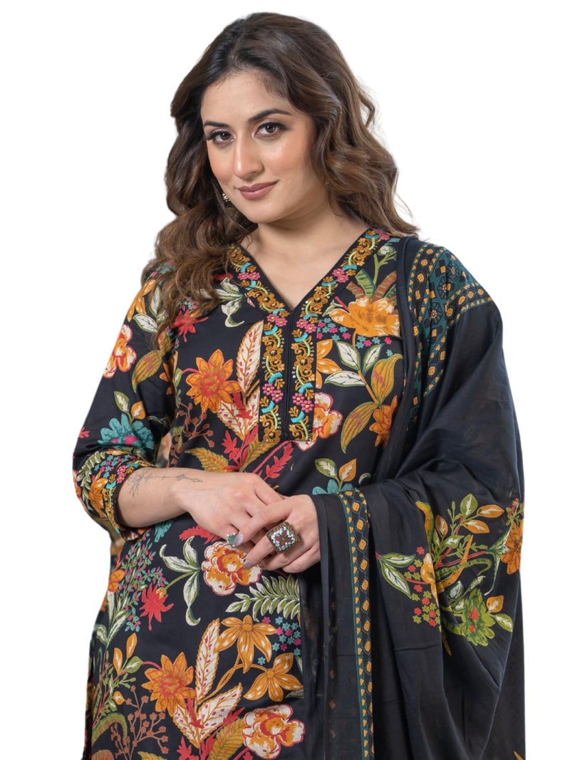 Arayna Women’s Pure Cotton Floral Kurta Set with Pants & Dupatta | Embroidered V-Neck Ethnic Suit, Mystic Black - Large - Image 1