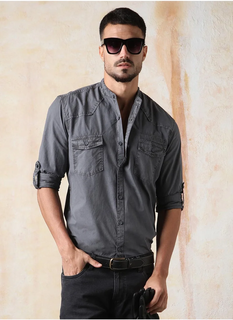 هاي ستار Men's Grey 100% Cotton Solid Button Down Regular Fit Shirt
