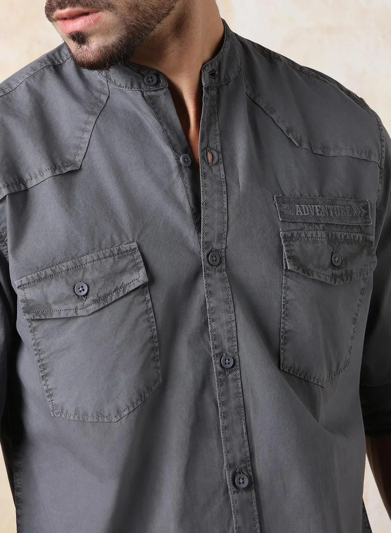 HIGH STAR Men Regular Fit Utility Heavy Washed Spread Collar Solid Cotton Casual Shirt