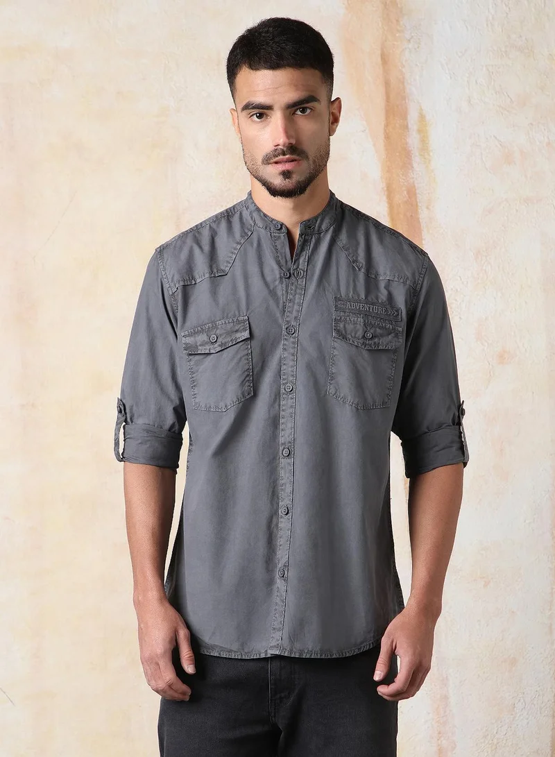 HIGH STAR Men Regular Fit Utility Heavy Washed Spread Collar Solid Cotton Casual Shirt