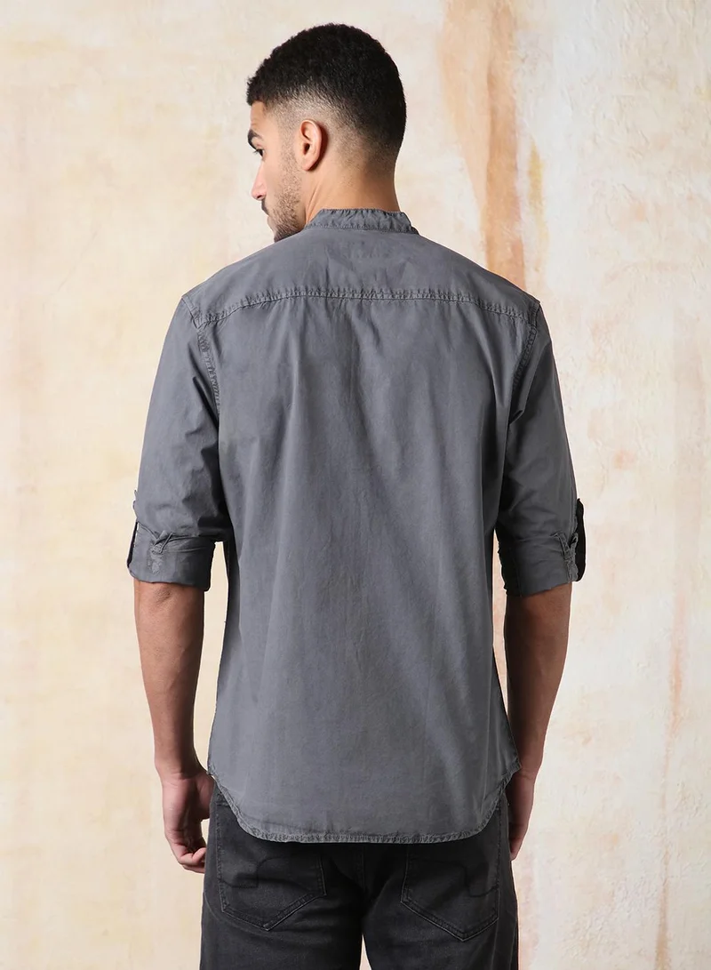 HIGH STAR Men Regular Fit Utility Heavy Washed Spread Collar Solid Cotton Casual Shirt