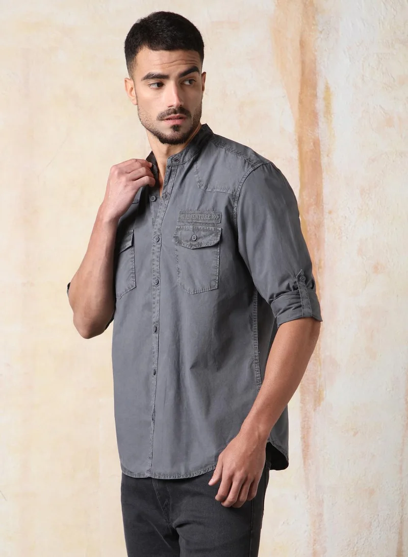HIGH STAR Men Regular Fit Utility Heavy Washed Spread Collar Solid Cotton Casual Shirt