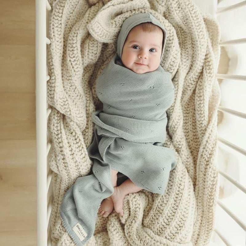 Bleu La La Baby Gift Set - Organic Cotton Newborn Blanket Essentials, Thoughtful Baby Shower & New Baby Gift for Boys & Girls (Pointelle - Powder Blue) - Image 2