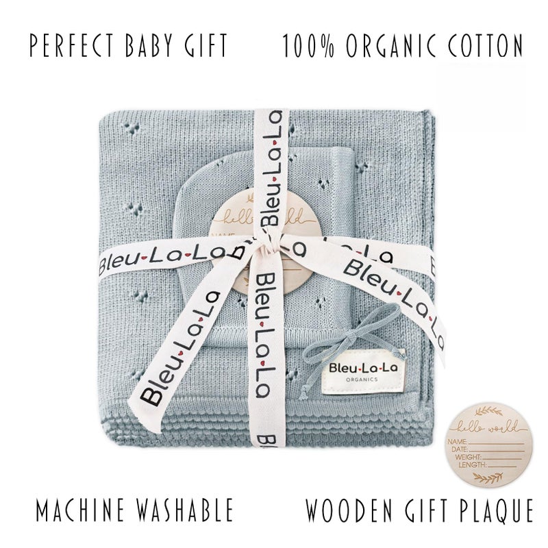 Bleu La La Baby Gift Set - Organic Cotton Newborn Blanket Essentials, Thoughtful Baby Shower & New Baby Gift for Boys & Girls (Pointelle - Powder Blue) - Image 3