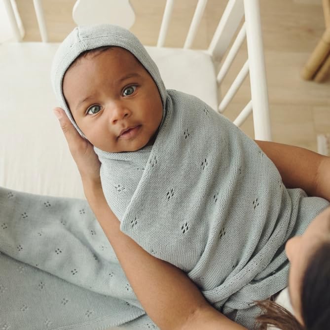 Bleu La La Baby Gift Set - Organic Cotton Newborn Blanket Essentials, Thoughtful Baby Shower & New Baby Gift for Boys & Girls (Pointelle - Powder Blue) - Image 4