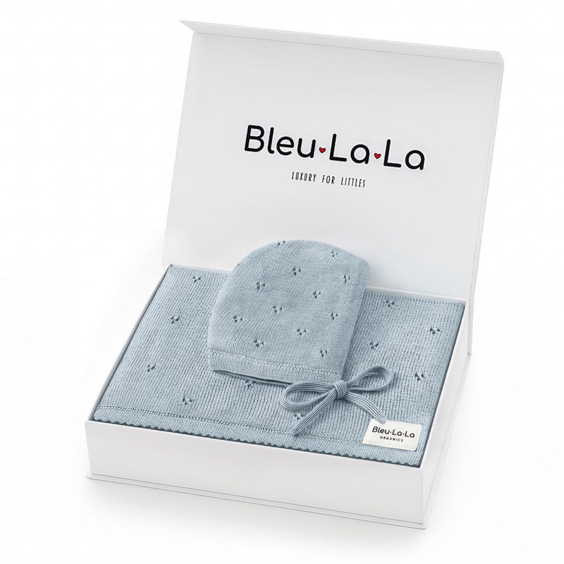 Bleu La La Baby Gift Set - Organic Cotton Newborn Blanket Essentials, Thoughtful Baby Shower & New Baby Gift for Boys & Girls (Pointelle - Powder Blue) - Image 1