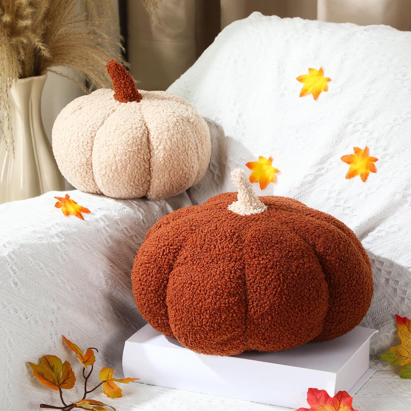 Queekay 2 Pcs Thanksgiving Pumpkin Pillow Pumpkin Decor for Friendsgiving Party Fall Home Thanksgiving Throw Pillow Cushion for Friends Holiday Operation Christmas Sofa CouchWhiteBrown - Image 2