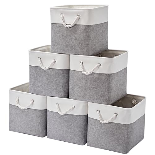 ISEMINGLA 13 x 13 Inch Storage Cubes,6 Pack Cube Storage Bins for Shelves，Fabric Collapsible Storage Bins with Handles, Foldable Storage Basket for Organizing Clothes, Toys, Books (White&Gray) - Image 1